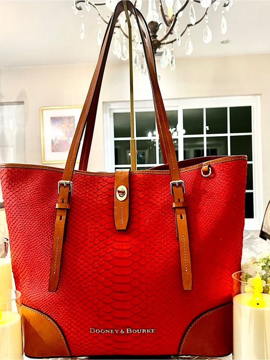 Dooney & Bourke Handbags - Dooney & Bourke Coral Orange Python Embossed Leather Tote Shoulder Bag Tan Trim